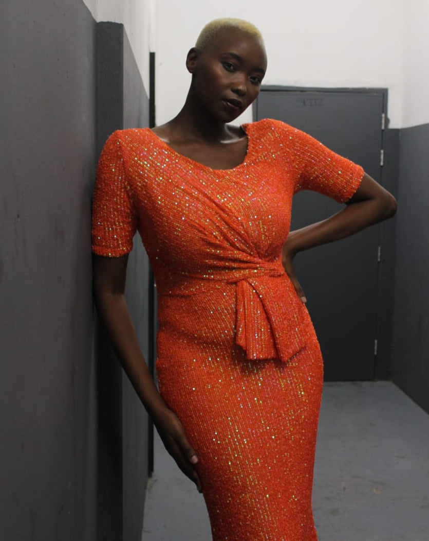 Tangerine Sequin Twist Dress