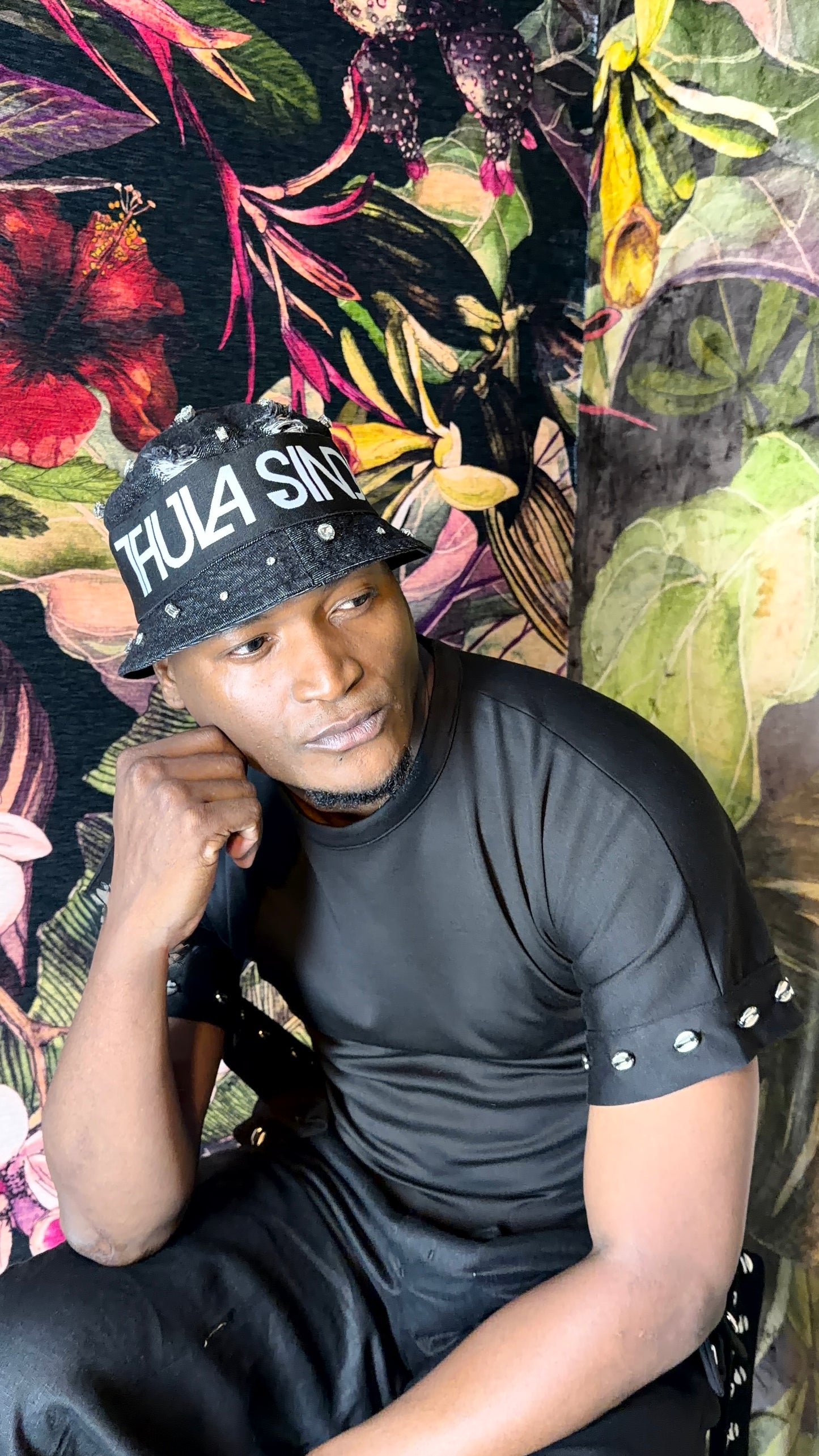 TS Distressed Denim Crystal Logo Bucket Hat