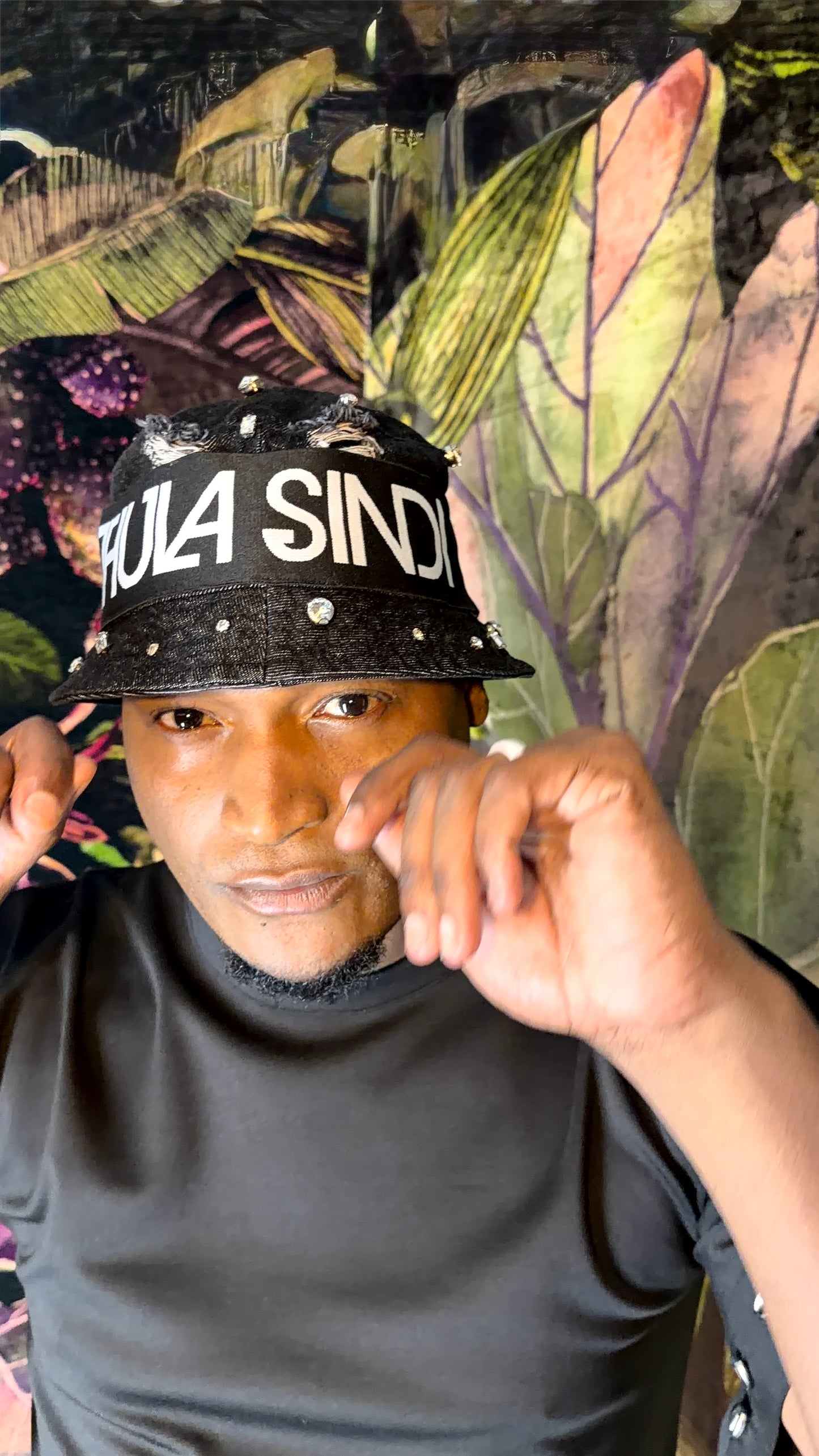 TS Distressed Denim Crystal Logo Bucket Hat