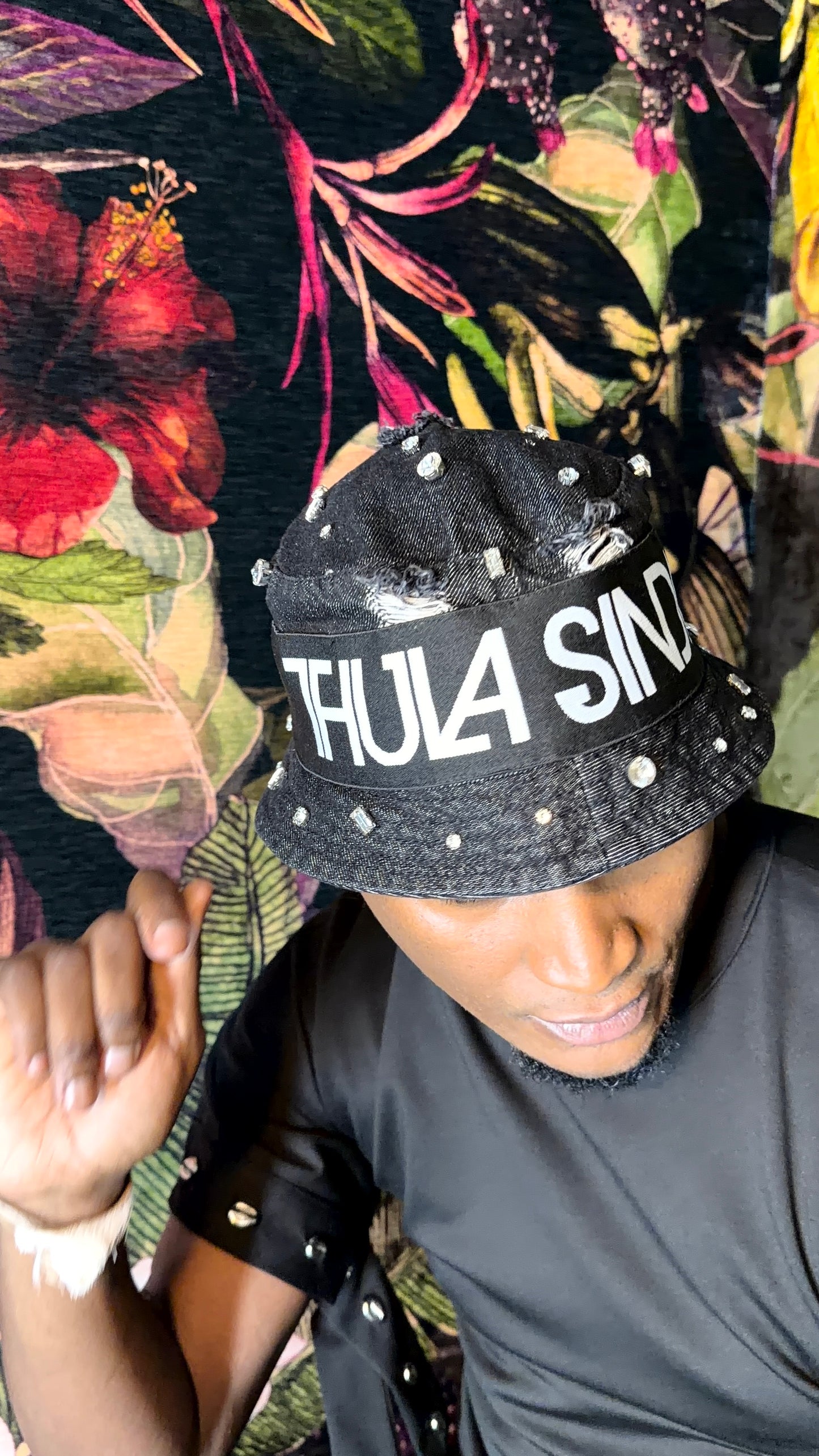 TS Distressed Denim Crystal Logo Bucket Hat
