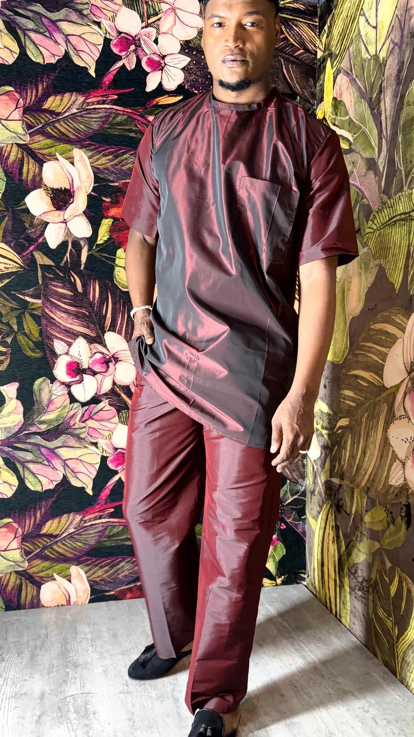 Burgundy taffeta trousers by Thula Sindi