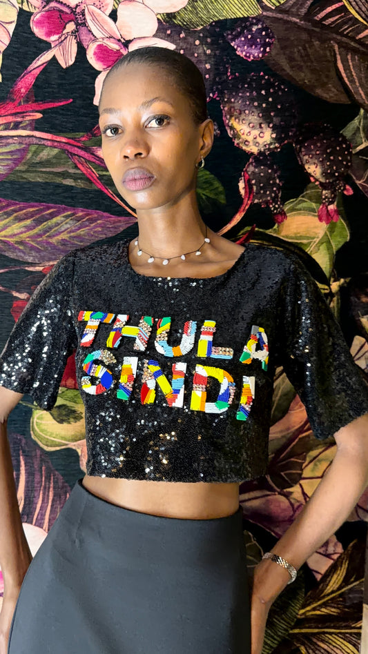 Black sequin cropped top by Thula Sindi