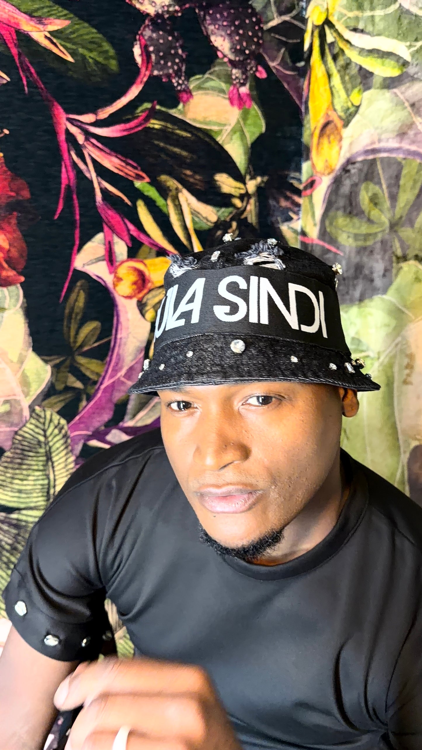 TS Distressed Denim Crystal Logo Bucket Hat